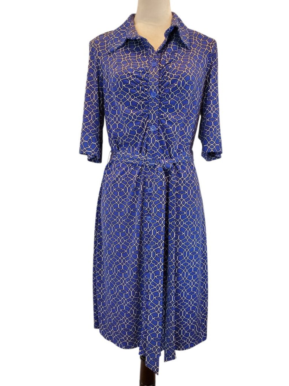 LAUNDRY by Shelli Segal SZ 10 Geometric Print Jersey Shirt Dress Belt Blue